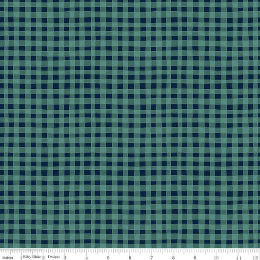 Riley Blake - Love You S&#39;more - Gingham Teal - LAMINATED Cotton Fabric by the Half Yard