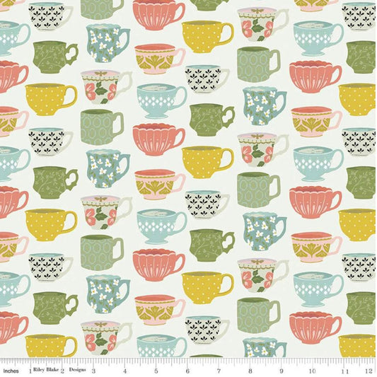 Tea with Bea Tea Time Off White - LAMINATED Cotton Fabric - Riley Blake
