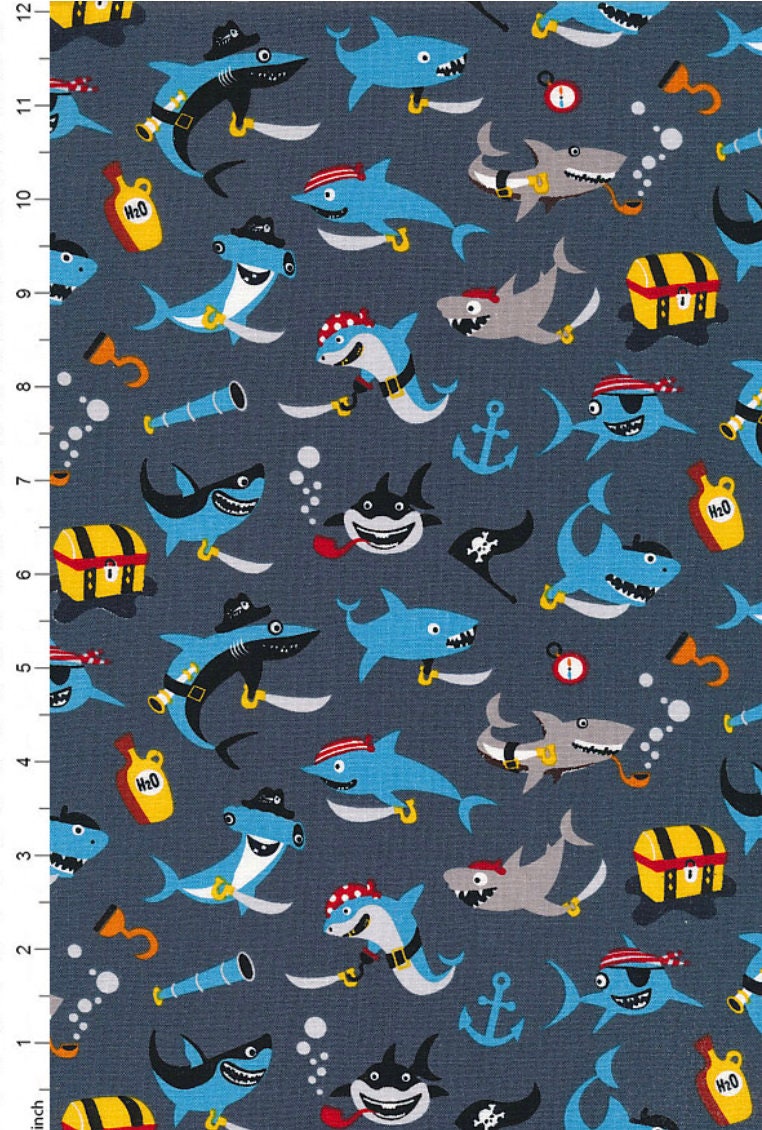 Pirate's Life Shark Attack Gray - LAMINATED Cotton Fabric - Riley Blake