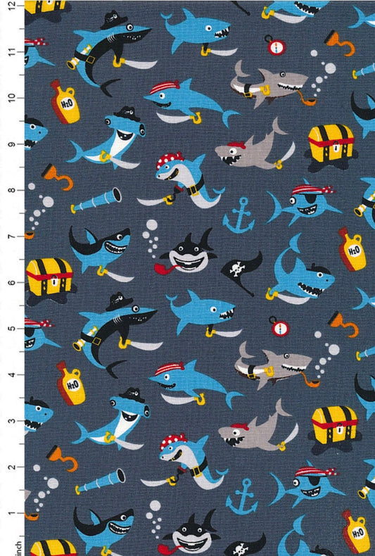 Pirate's Life Shark Attack Gray - LAMINATED Cotton Fabric - Riley Blake