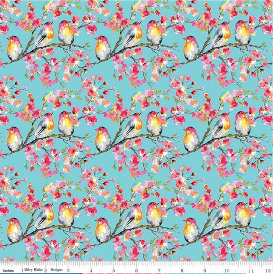 Sweet Melody Birds Blue - LAMINATED Cotton Fabric - Riley Blake