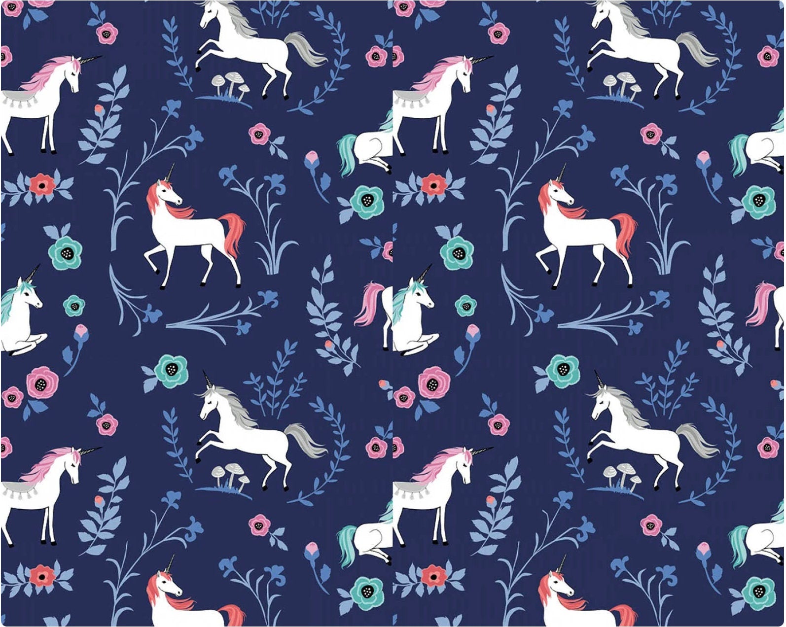 My Unicorn Garden Navy - LAMINATED Cotton Fabric - Riley Blake