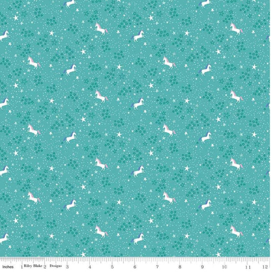 My Unicorn Starry Night Teal - LAMINATED Cotton Fabric - Riley Blake