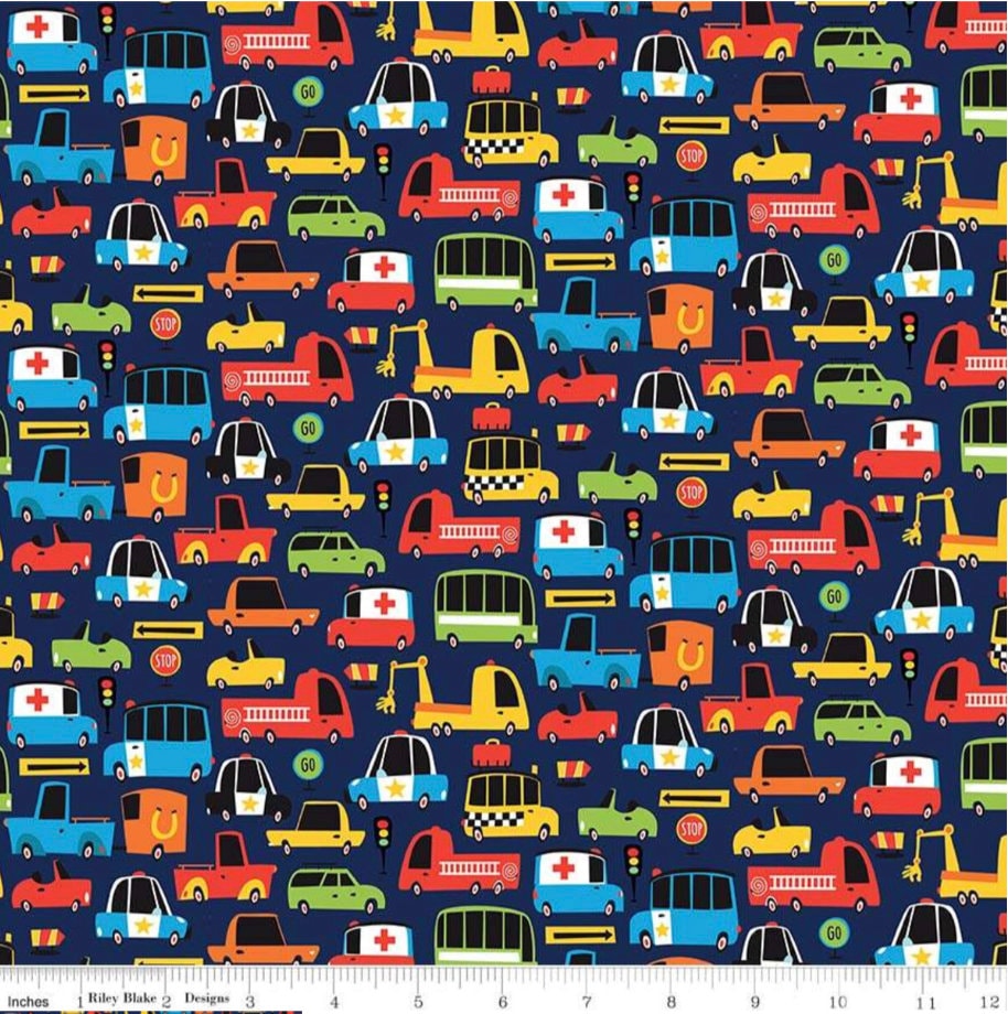 Cops and Robbers Move It Vehicles Navy - LAMINATED Cotton Fabric - Riley Blake
