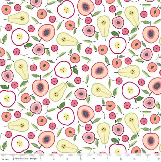Orchard Fruit Halves White - LAMINATED Cotton Fabric - Riley Blake