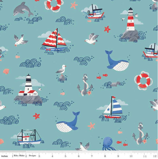 Lost at Sea Main Seafoam - LAMINATED Cotton Fabric - Riley Blake