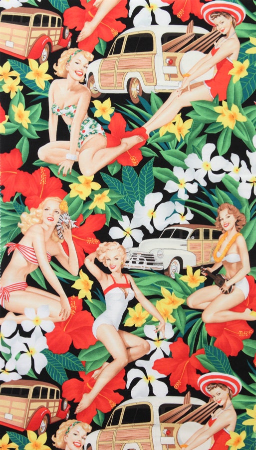 Mahalo Girls Pin Up Black - LAMINATED Cotton Fabric - Alexander Henry